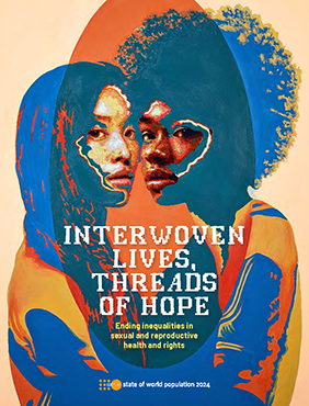 Cover page of SWOP report 2024. Text is "Interwoven lives, threads of hope. Ending inequalities in sexual and reproductive heal"