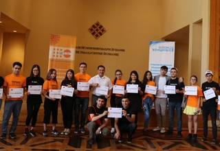 Event coordinators, Y-PEER volunteers and AKHP Debate club members for campaign "HeForShe". ©Photo: UNFPA Tajikistan