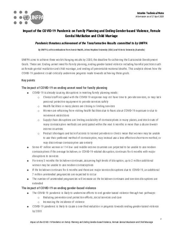 Impact of the COVID-19 Pandemic on Family Planning and Ending Gender-based Violence, Female Genital Mutilation and Child Marriage